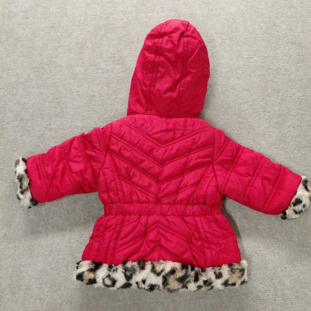 Pistachio Red Jacket Winter Coat with Leopard Faux Fur Trim Baby Girl 9M